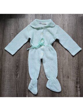 Vintage Kmart Baby Sweater Outfit 0-6 Months One Piece Green White Knit Pastel